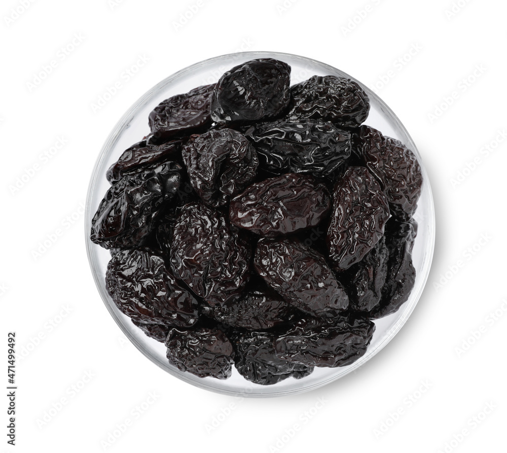 Bowl with sweet dried prunes isolated on white, top view Bowl with sweet dried prunes isolated on white, top view