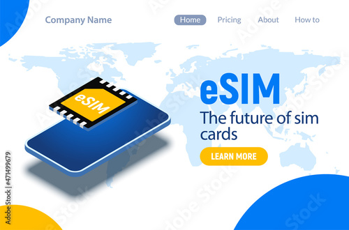 Esim technology digital card microchip phone gsm mobile vector concept. Esim technology