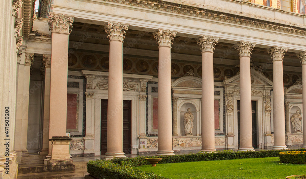 Detail of the quadrangle on the outside of the papal basilica of Saint Paul Outside the Walls in Rome, Italy.