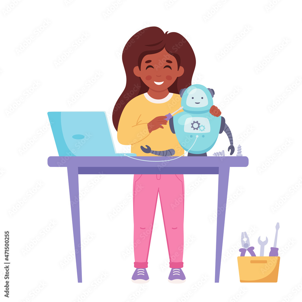 Little girl building a robot. Robotics, programming and engineering for kids. Vector illustration Little girl building a robot. Robotics, programming and engineering for kids. Vector illustration