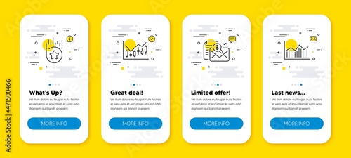 Vector set of Financial diagram, Accounting report and Loyalty star line icons set. UI phone app screens with line icons. Money diagram icon. Candlestick chart, Check finance, Bonus reward. Vector