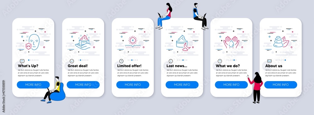 Naklejka premium Beauty icons set. UI phone app screens with teamwork. Included icon as Wash hands, No sun, Skin care signs. Uv protection, Night cream, Spa stones line icons. Skin care, Uv protect, Hand cream. Vector