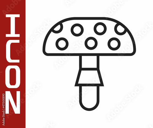 Black line Amanita muscaria or fly agaric hallucinogenic toadstool mushroom icon isolated on white background. Spotted poisonous mushroom. Vector