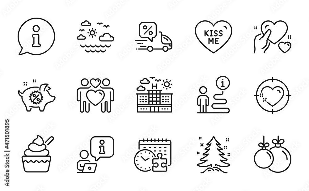 Holidays icons set. Included icon as Hold heart, Puzzle time, Travel sea signs. Heart target, Kiss me, Hotel symbols. Piggy sale, Love couple, Ice cream. Christmas tree, Christmas ball. Vector