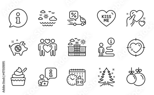 Holidays icons set. Included icon as Hold heart  Puzzle time  Travel sea signs. Heart target  Kiss me  Hotel symbols. Piggy sale  Love couple  Ice cream. Christmas tree  Christmas ball. Vector