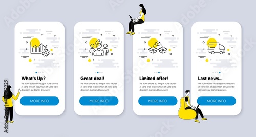 Set of Industrial icons, such as Parcel shipping, Engineering team, Operational excellence icons. UI phone app screens with people. Truck delivery line symbols. Vector