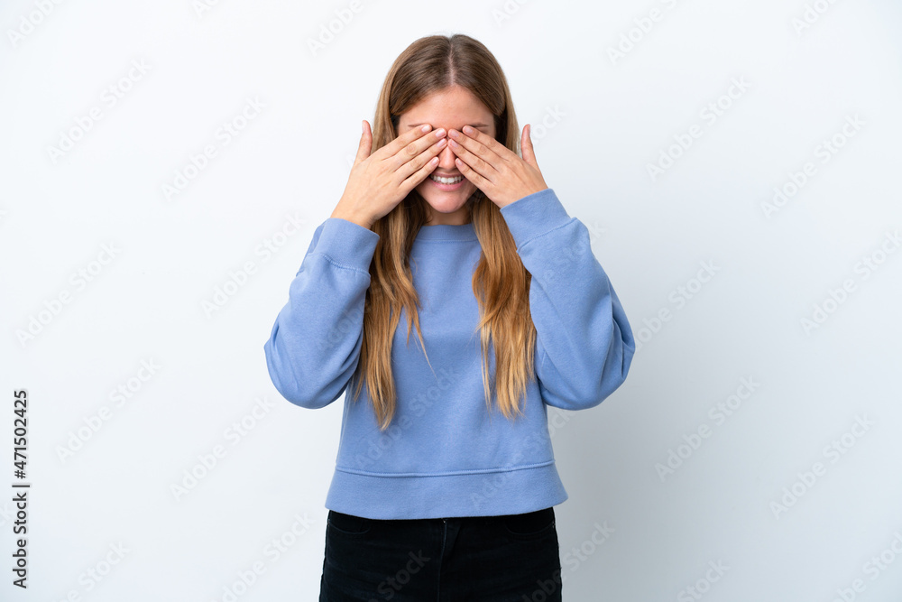 Young blonde woman isolated on white background covering eyes by hands and smiling Young blonde woman isolated on white background covering eyes by hands and smiling