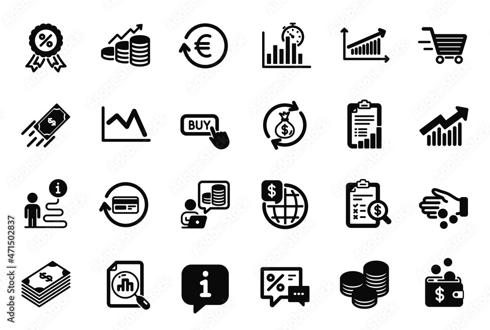 Vector Set of Finance icons related to Buy button, Demand curve and World money icons. Donation money, Exchange currency and Growth chart signs. Line chart, Budget accounting and Dollar. Vector