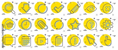Document, Time, Calendar line icons. Question, Chat and Pencil icons. Cogwheel, Download calendar document, Attach clip. Mouse cursor, Magnifier and Shopping cart. Clock time, question mark. Vector