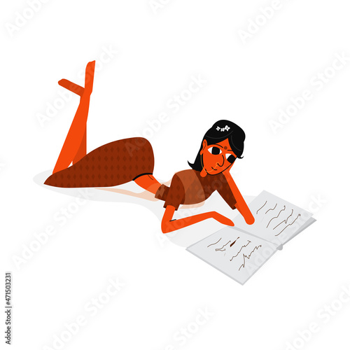 Indian lady reading a book, vector illustration. Interesting reading