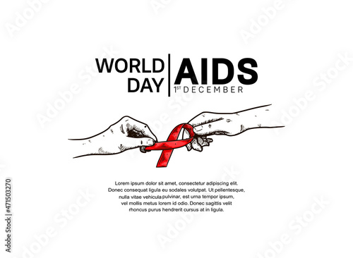 World AIDS Day with hand holding red ribbon hand drawn style. Vector can be use for poster, campaign and banner