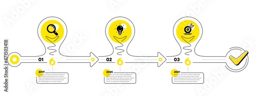 Business Infographic template. Timeline with 3 steps. Workflow process diagram with icons. Research, Idea bulb and Goal target icon. Timeline infograph diagram. Vector
