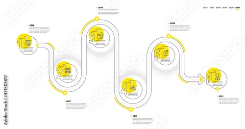 Gym Infographic timeline with 6 steps. Journey path workflow infographics. Sport process diagram with Exercise schedule, Exercise analysis, Strong muscle arm and Goal target line icons. Vector