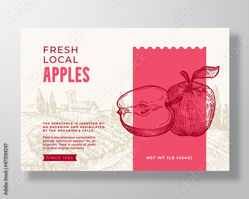 Fresh Local Apples Food Label Template. Abstract Vector Packaging Design Layout. Modern Typography Banner with Hand Drawn Fruit and Rural Landscape Background. Isolated