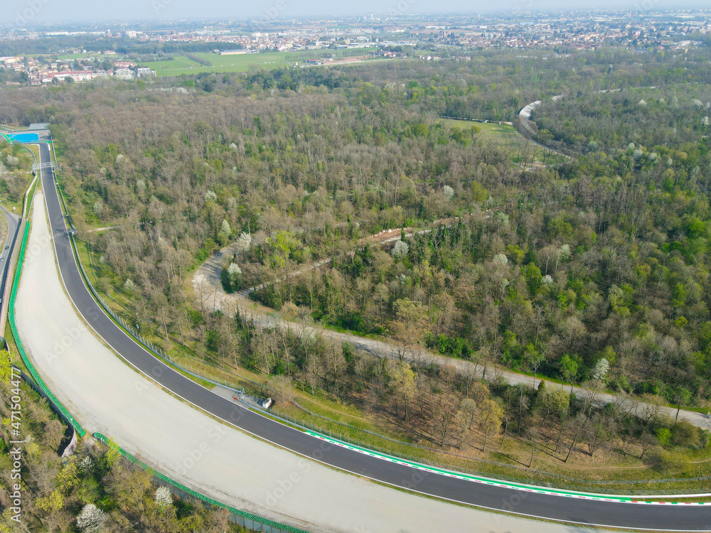 Aerial view of The Autodromo Nazionale of Monza, that is a race track located near the city of Monza, north of Milan, in Italy. Drone photography of the circuit in Monza, Lombardia, Brianza.