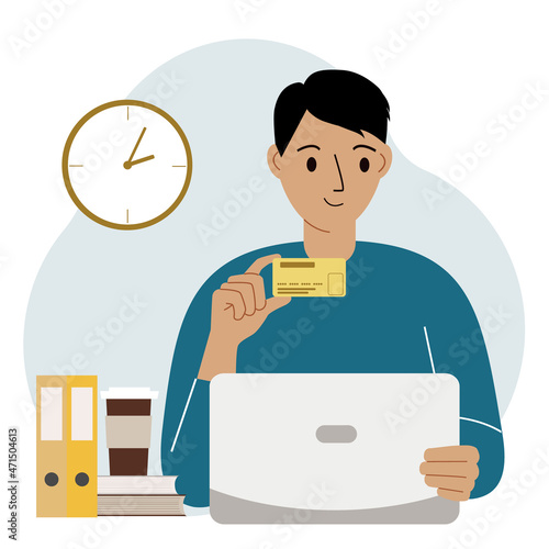 A man with a laptop in her hand holds a bank card. Concept credit, deposit, payment, debit online. Vector