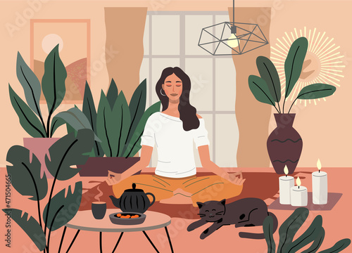 Young woman doing yoga exercises and practicing meditation vector. Female character in home interior
