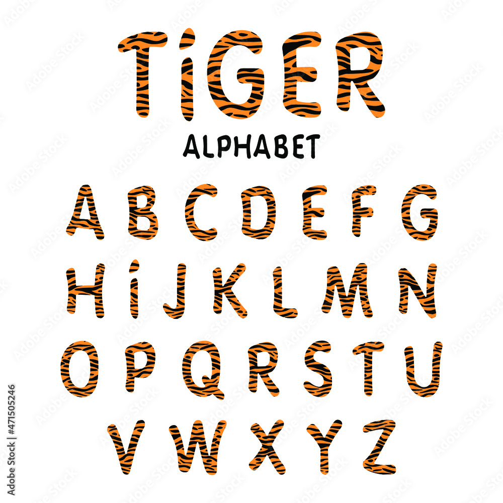 Decorative tiger font and alphabet with tiger patterns. Vector font on white background Decorative tiger font and alphabet with tiger patterns. Vector font on white background