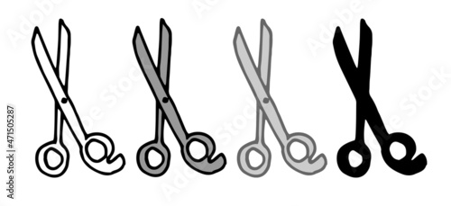 a set of hairdressing scissors. hand-drawn hairdressing scissors in the style of doodles with an isolated outline in black and silhouette on white for a design template. the element of the beauty salo