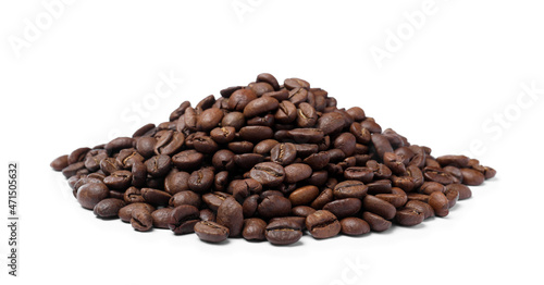 Pile of roasted coffee beans on white background