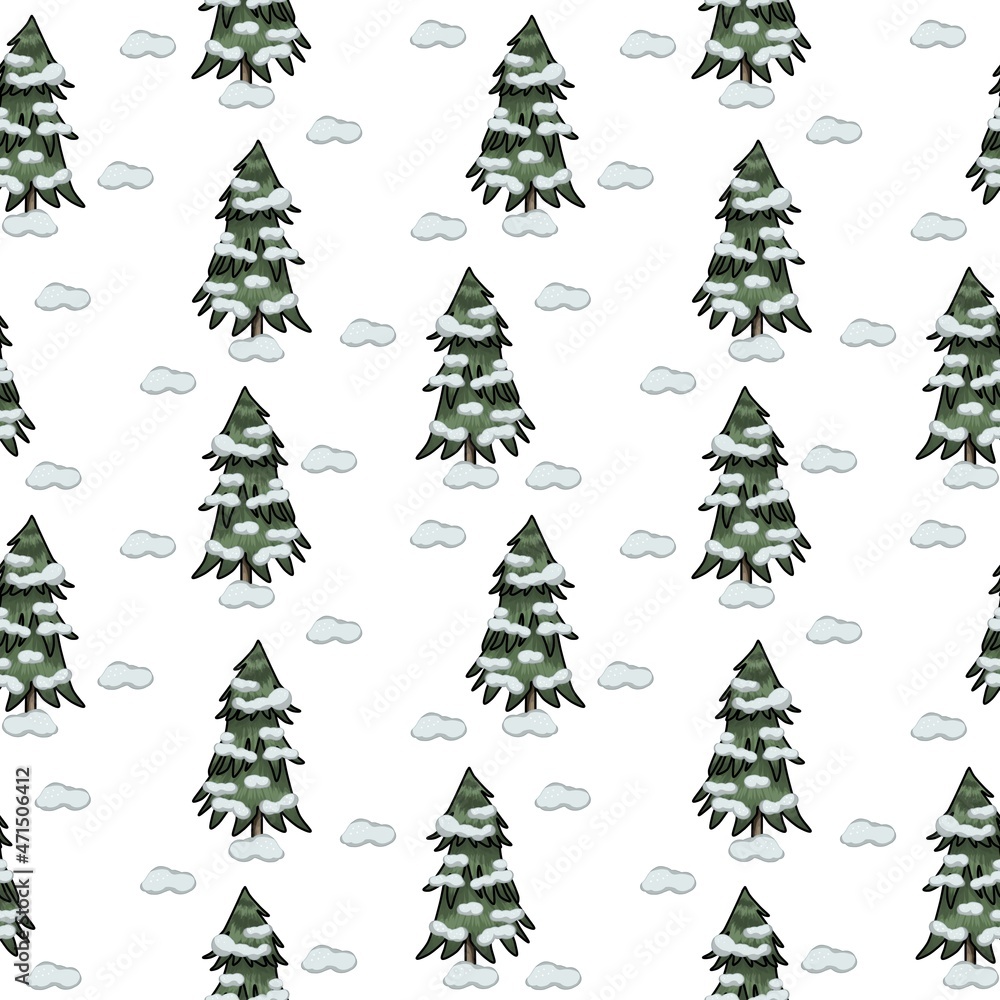 Forest Christmas trees in the snow, print, seamless square pattern