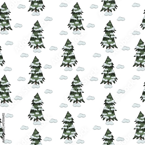 Forest Christmas trees in the snow, print, seamless square pattern © Nat