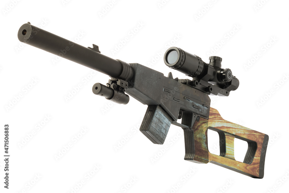 Special sniper rifle made of wood with a telescopic sight and laser pointer isolated on a white background