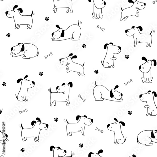 Vector illustration pattern background design cute dog. Black and white color.Doodle cartoon style. Hand draw cute dogs in sketch style. For textiles, clothing, bed linen, office supplies.