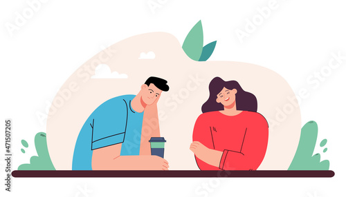 Happy woman and aloof man sitting at table together. Girl talking to distant partner, person ignoring lover, showing indifference flat vector illustration. Relationship, family, communication concept