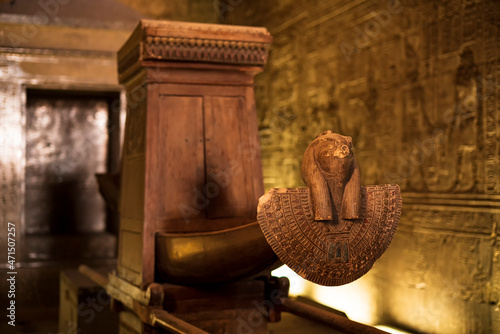 Close-up of the sacred boat of the Temple of Edfu. Photograph taken in Edfu, Aswan, Egypt. photo