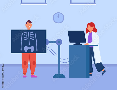 Patient checking skeletal bone health with scanner machine. Female doctor examining man for medical diagnosis in hospital flat vector illustration. Diagnostics, clinic radiology, medicine concept