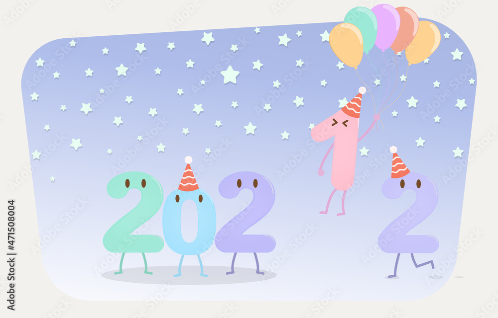 Happy New Year 2022 A new year will begin, cartoon characters 2 is coming and 1 are floating away. Eps10 vector illustration. Happy New Year 2022 A new year will begin, cartoon characters 2 is coming and 1 are floating away. Eps10 vector illustration.