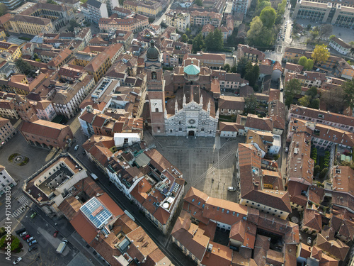 Aerial view of facade of the ancient Duomo in Monza (Monza Cathedral). Drone photography of the main square with church in Monza in north Italy, Brianza, Lombardia, near Milan. © AerialDronePics