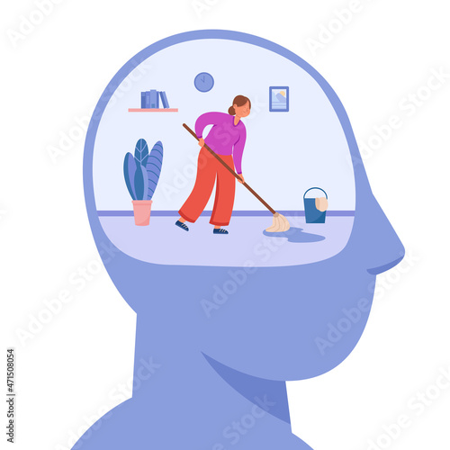 Tiny woman cleaning inner space of human head. Person working on thought detox and improvement of consciousness flat vector illustration. Mental health, self care, purification of mind concept