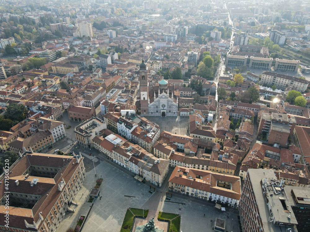 Aerial view of facade of the ancient Duomo in Monza (Monza Cathedral). Drone photography of the main square with church in Monza in north Italy, Brianza, Lombardia, near Milan.