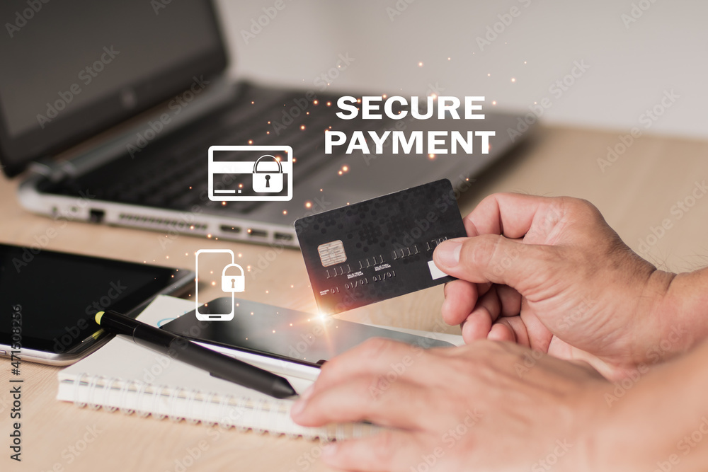 The concept is online Shopping on Laptops computers and mobile banking, internet payment using credit cards via mobile phones, digital marketing, and E-commerce. The concept is online Shopping on Laptops computers and mobile banking, internet payment using credit cards via mobile phones, digital marketing, and E-commerce.