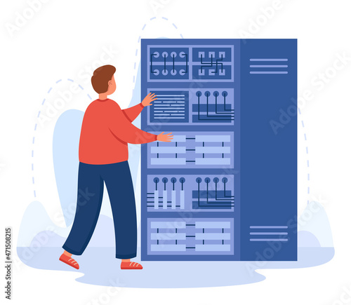 Engineer working with server equipment and switchboard. Technical support of computer infrastructure and cables by male professional electrician flat vector illustration. Telecommunication concept
