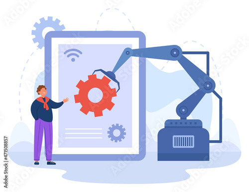 Artificial intelligence and robots doing work for tiny person. Automatic production without man intervention flat vector illustration. Era of industrial process automation, tech revolution concept