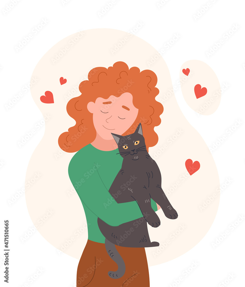 Girl and cat. Woman hugs kitten with love. Caring hostess, animal protector. Character loves her pet. Comfort, coziness. Household chores, routine, housewife. Cartoon flat vector illustration Girl and cat. Woman hugs kitten with love. Caring hostess, animal protector. Character loves her pet. Comfort, coziness. Household chores, routine, housewife. Cartoon flat vector illustration