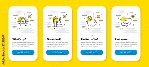 Vector set of Security lock, Electricity factory and Bitcoin coin line icons set. UI phone app screens with line icons. Yummy smile icon. Cyber network, Electric power, Piggy bank. Emoticon. Vector