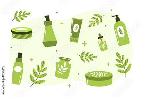 Organic cosmetics set. Collection of jars with useful cosmetics. Taking care of your appearance, beautiful and young skin, green. Cartoon flat vector illustrations isolated on white background