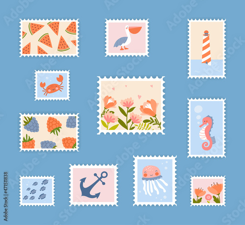 Set of post stamps. Collection of stickers for envelopes. Collectors album. Old ways of communication, mail. Flourish elements. Cartoon flat vector illustrations isolated on light blue background