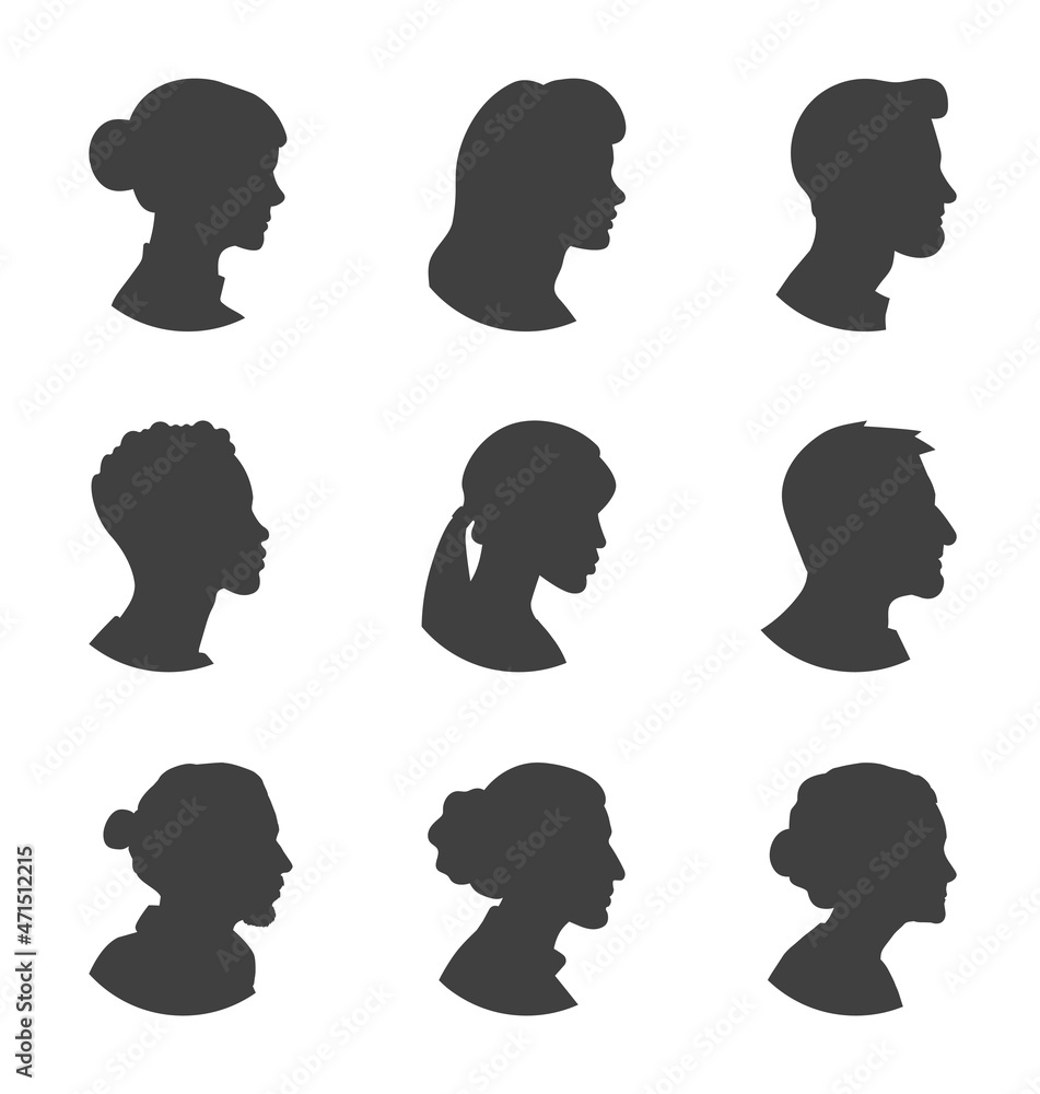 Set of silhouette. Collection of images of people in profile. Old style jewelry, faceless. Metaphor of anonymity, various avatars. Cartoon flat vector illustrations isolated on white background
