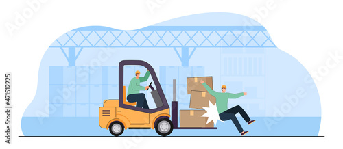 Worker getting injured in warehouse. Forklift driver crashing into colleague, injury compensation flat vector illustration. Factory accident, insurance concept for banner or landing web page photo