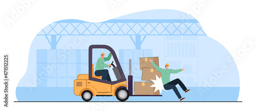 Worker getting injured in warehouse. Forklift driver crashing into colleague, injury compensation flat vector illustration. Factory accident, insurance concept for banner or landing web page