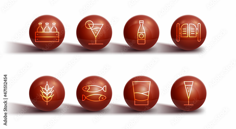 Set line Bottles of wine in a wooden box, Hop, Saloon door, Glass vodka, Dried fish, Martini glass, champagne and Beer bottle icon. Vector Set line Bottles of wine in a wooden box, Hop, Saloon door, Glass vodka, Dried fish, Martini glass, champagne and Beer bottle icon. Vector
