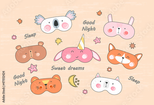 Set of sleep masks. Collection of images for cutting on paper. Design of clothes for children. Decorations for holiday, cute animals. Cartoon flat vector illustrations isolated on orange background