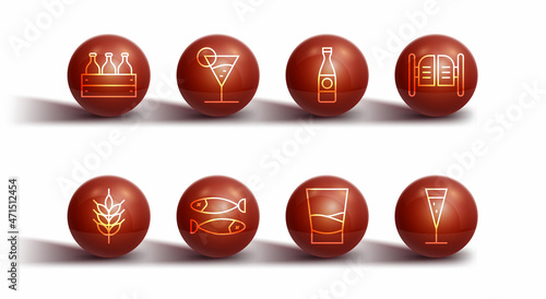 Set line Bottles of wine in a wooden box, Hop, Saloon door, Glass vodka, Dried fish, Martini glass, champagne and Beer bottle icon. Vector
