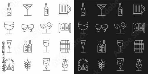 Set line Cocktail, Wooden barrel, Saloon door, Glass bottle of vodka, cognac brandy, Wine glass, Champagne and icon. Vector
