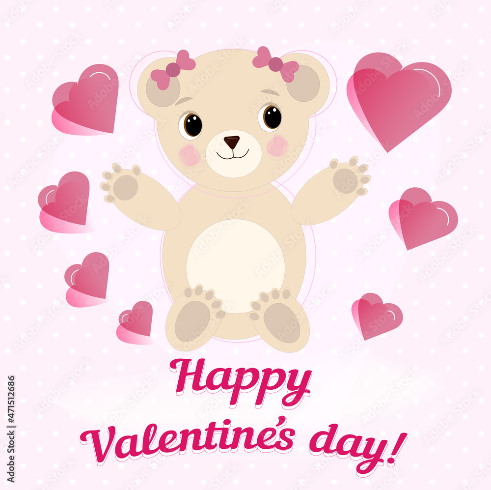 Saint Valentine day card cute teddy bear with hearts designed in soft colours and pastel shades Saint Valentine day card cute teddy bear with hearts designed in soft colours and pastel shades